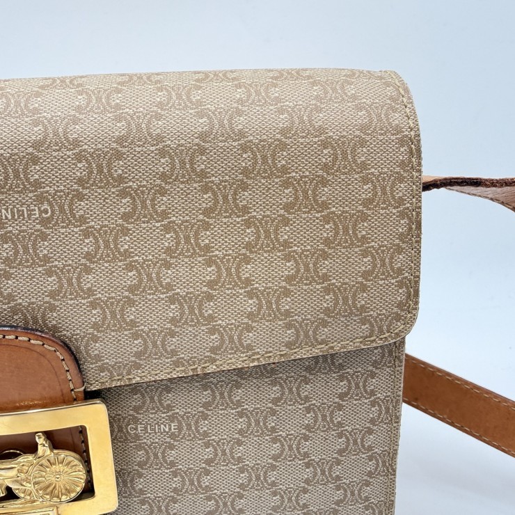 CELINE Vintage Macadam Shoulder Bag in Beige PVC and Leather with Gold-Tone …