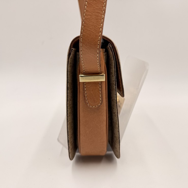 CELINE Vintage Macadam Shoulder Bag in Beige PVC and Leather with Gold-Tone …