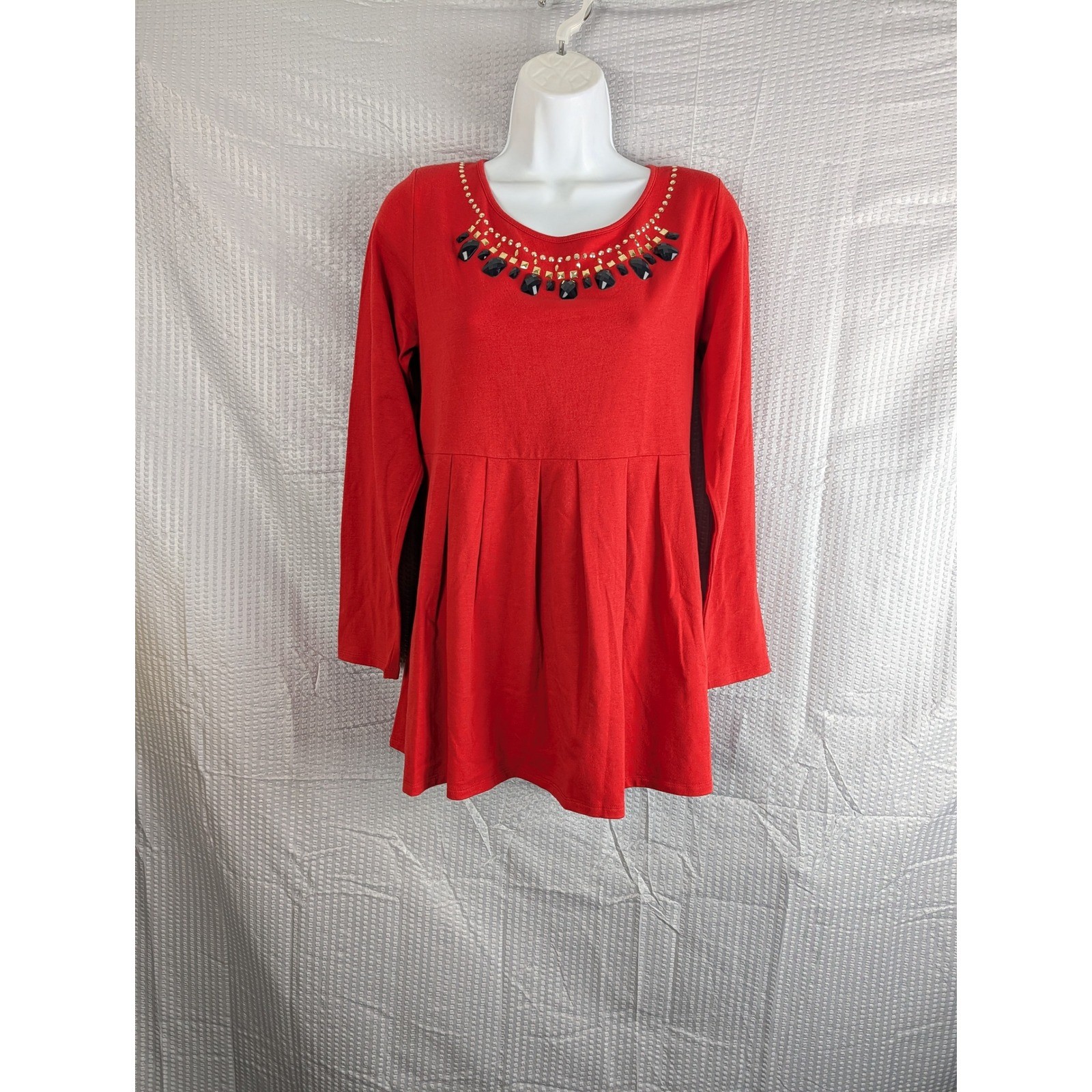 DG2 by Diane Gilman Red Embellished Tunic Top Long Sleeve Pleated Peplum Small