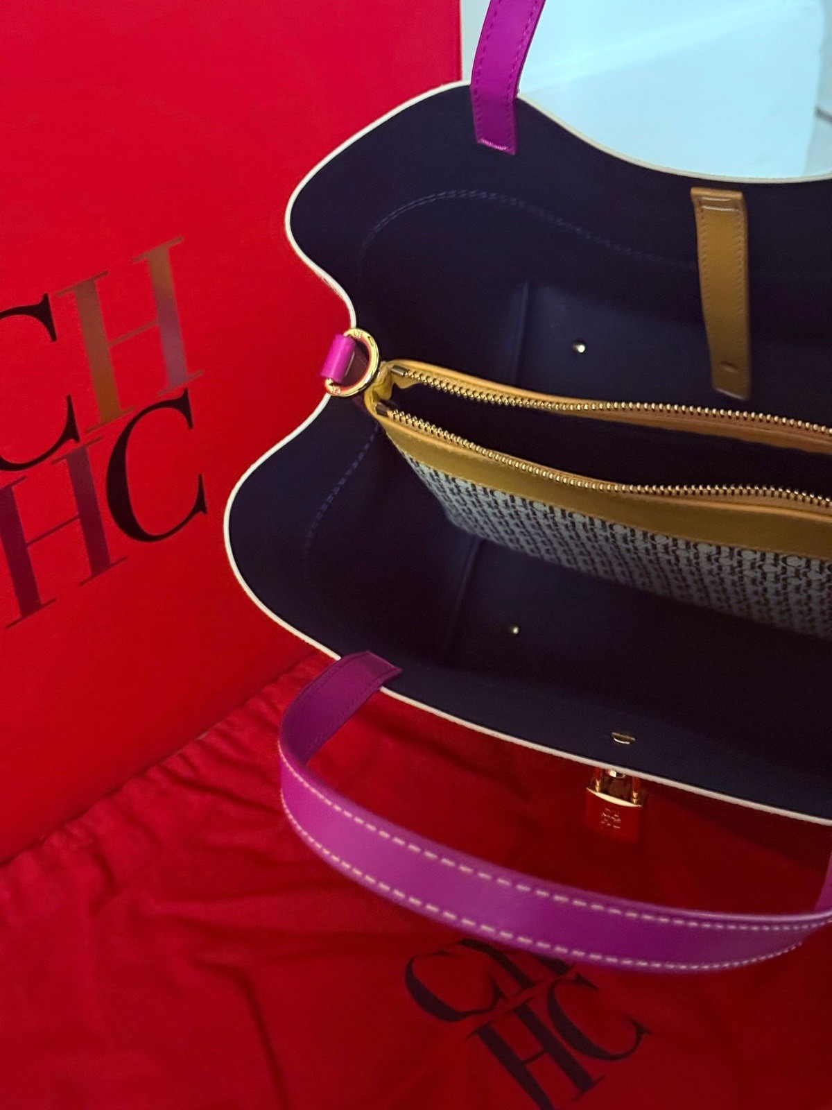 Carolina Herrera CH Monogram Multicolor Tote Purple Double Handles Padlock Key
