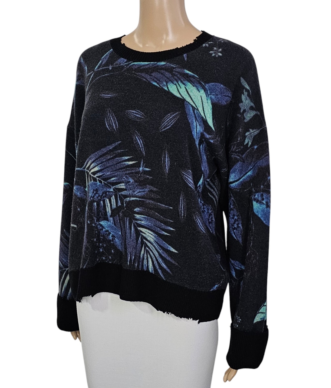 RTA Emma Cashmere Tropical Print Distressed Crew Neck Long Sleeve Sweater M $495
