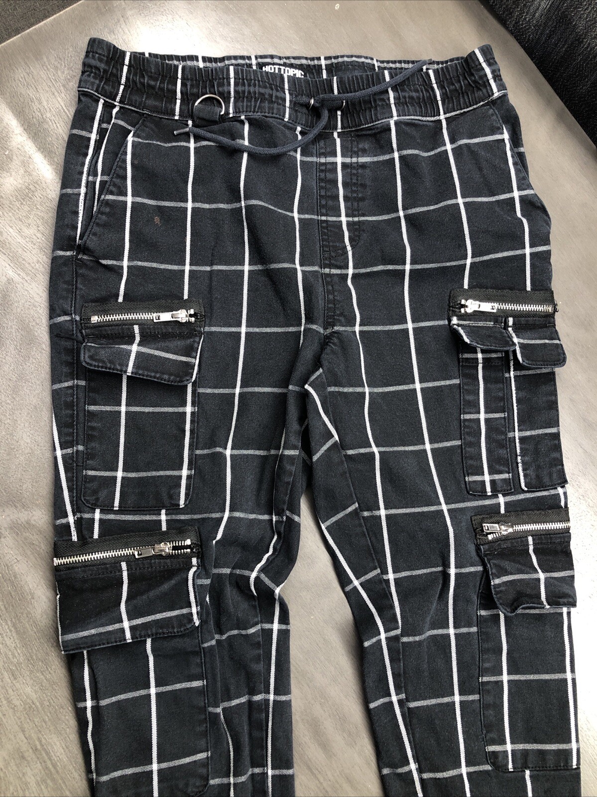 Hot Topic Womens Size M Cargo Jean Pants Black White Checkers Zippers