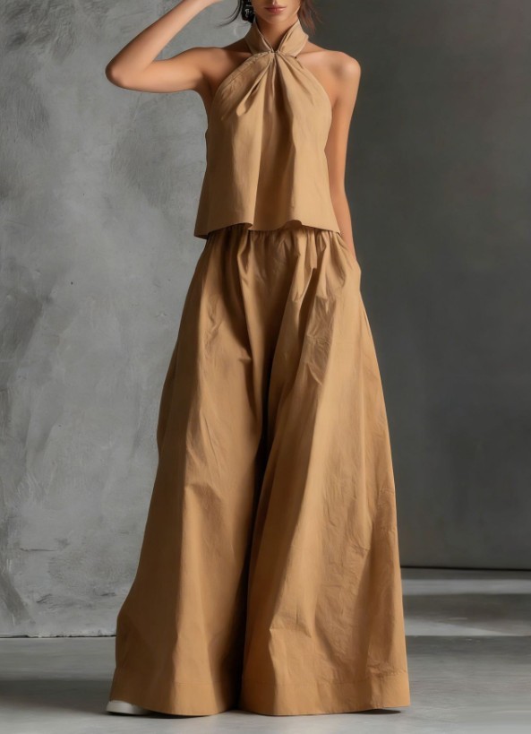 Women Sleeveless Halter Crop Top High Waist Wide Leg Pants 2 Piece Outfit Set