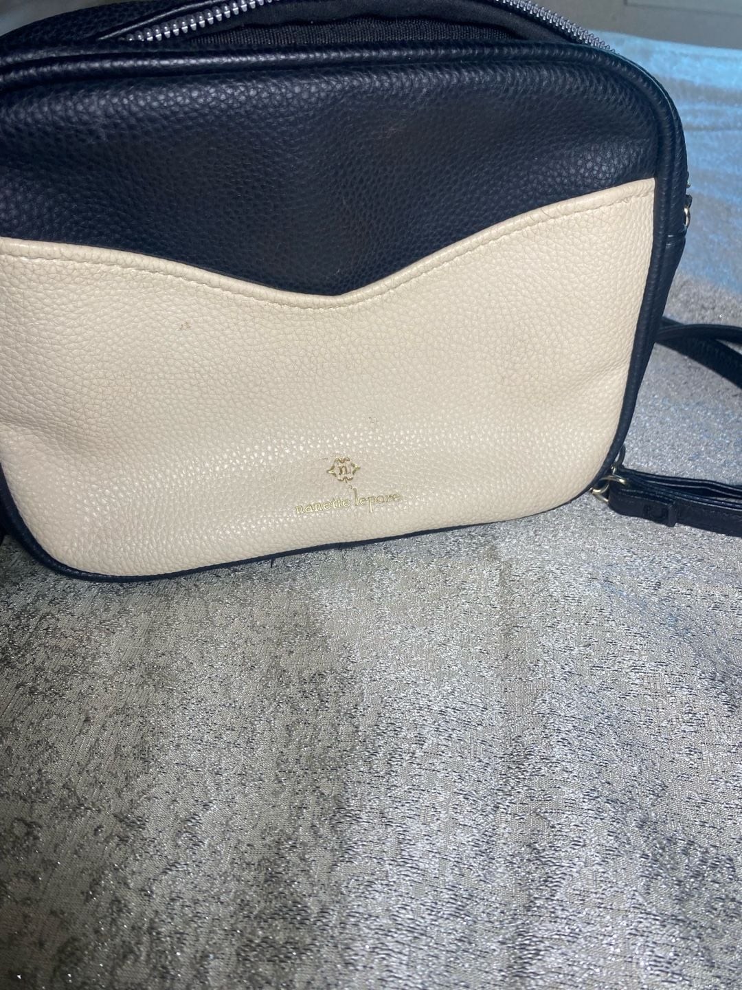Nanette Lepore Black and Cream Pebbled Faux Leather Crossbody Bag