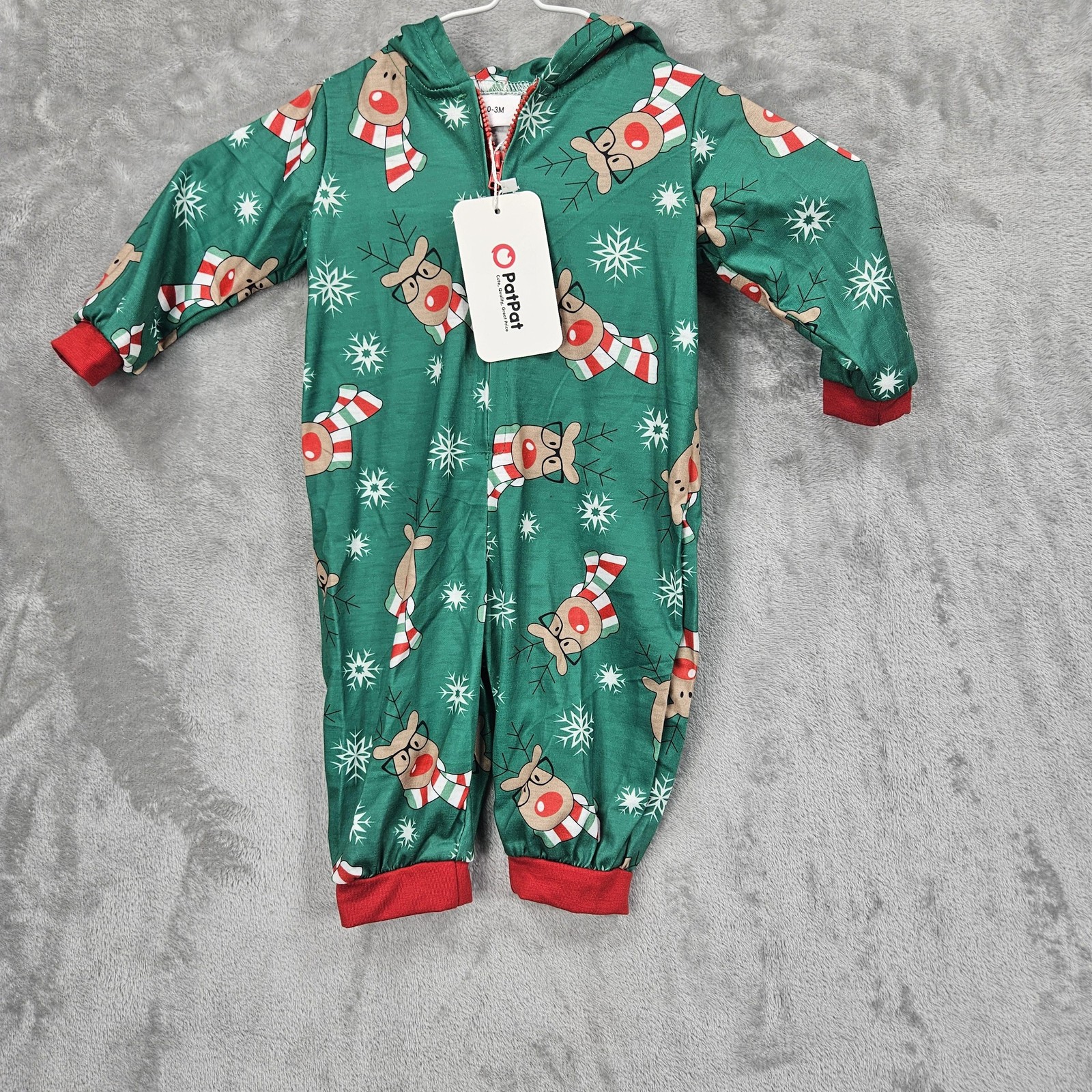 PatPat Reindeer Pajama Romper Baby 0-3M Hooded Holiday Christmas New Zip