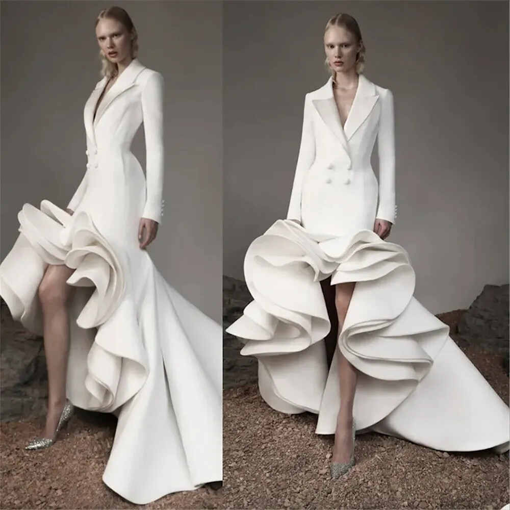 Women Suit Evening Dresses Double Breasted Deigner Tiered Satin Prom Gown