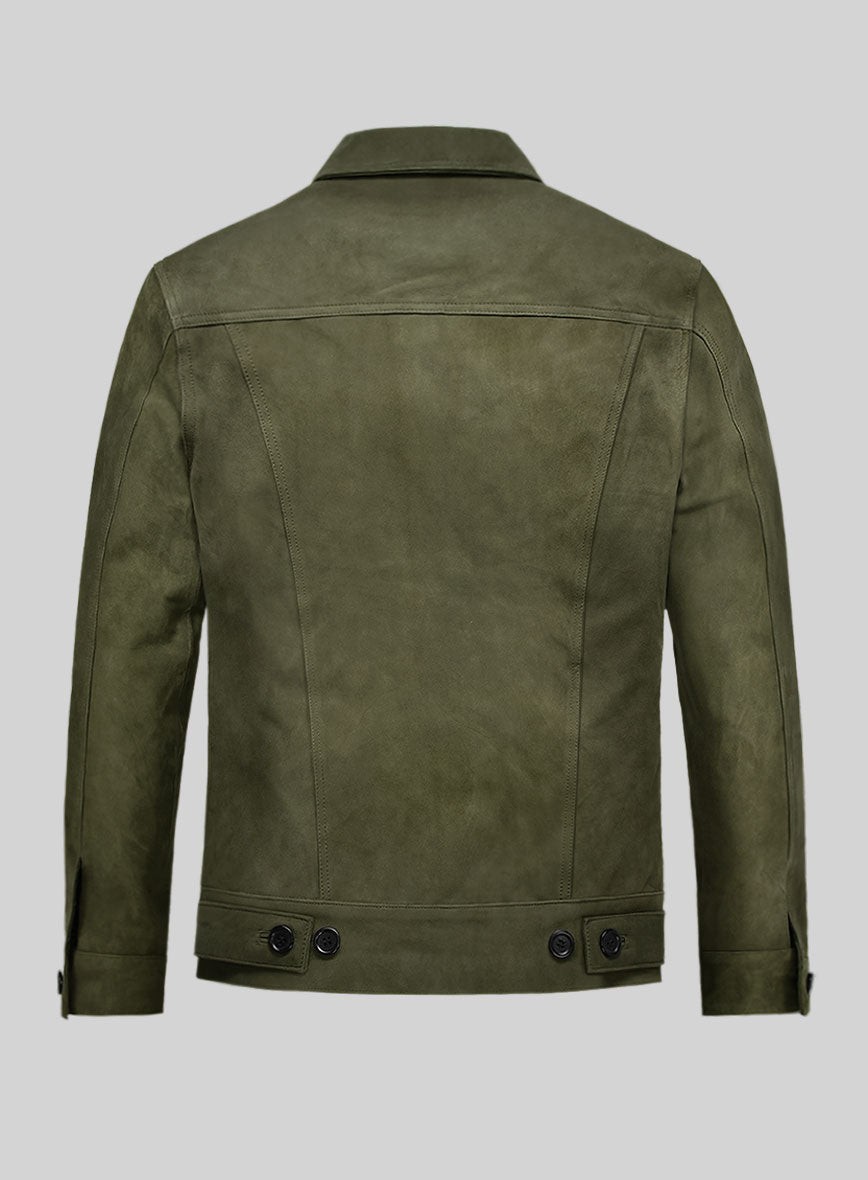 Mens Olive Green Suede Leather Jacket Casual Slim Fit Button Up Trucker Coat New