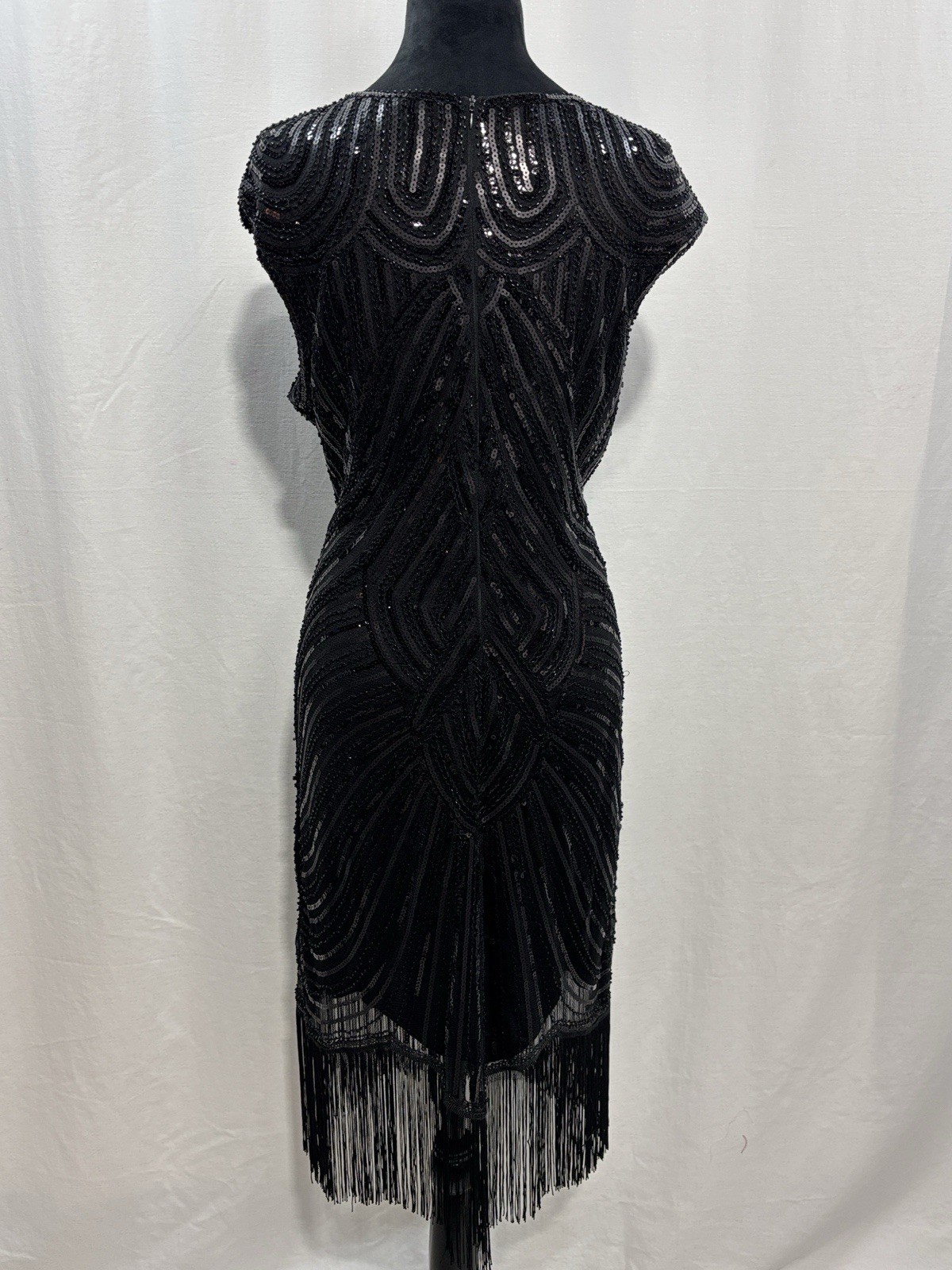 Black Sequin Fringe Midi Dress with Art Deco Beading and headpiece party costume