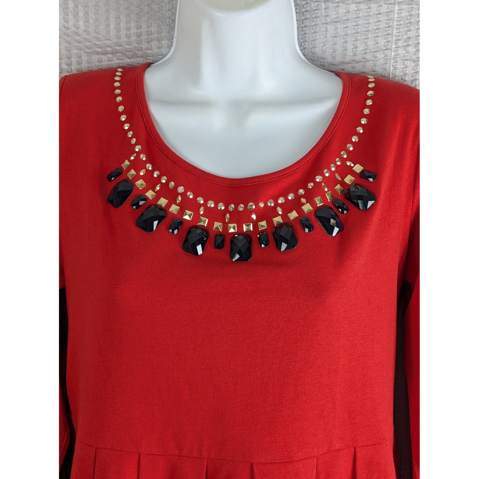 DG2 by Diane Gilman Red Embellished Tunic Top Long Sleeve Pleated Peplum Small