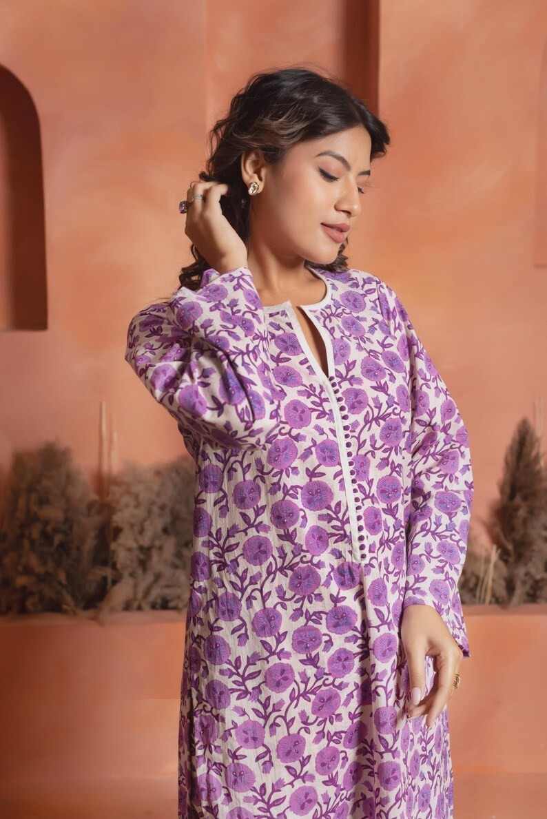 Purple Floral Cotton Co-ord Set, Hand Block Printed Kurta & Pants, Long Sleeve