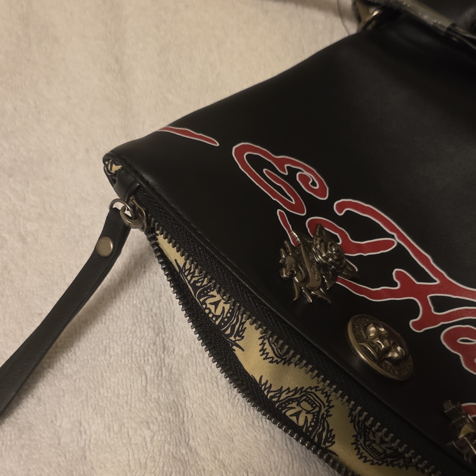 Ed Hardy Black/Red Logo Skull Crossbody Bag Zip, Detachable Strap Pockets