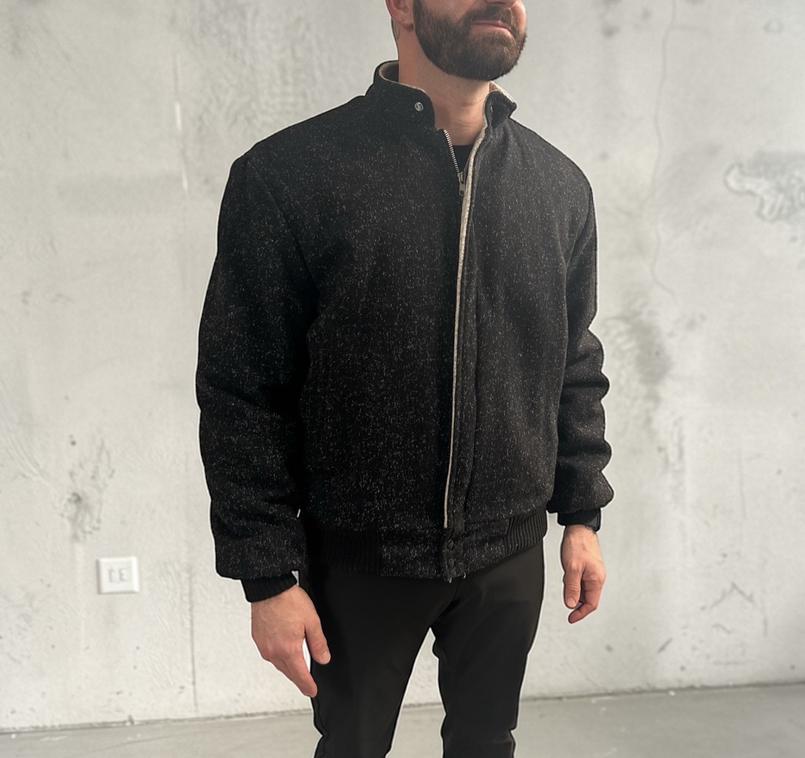 Vintage 80s 90s Black Speckled Bomber Jacket Men’s Size L (42-44) Fleece Lining