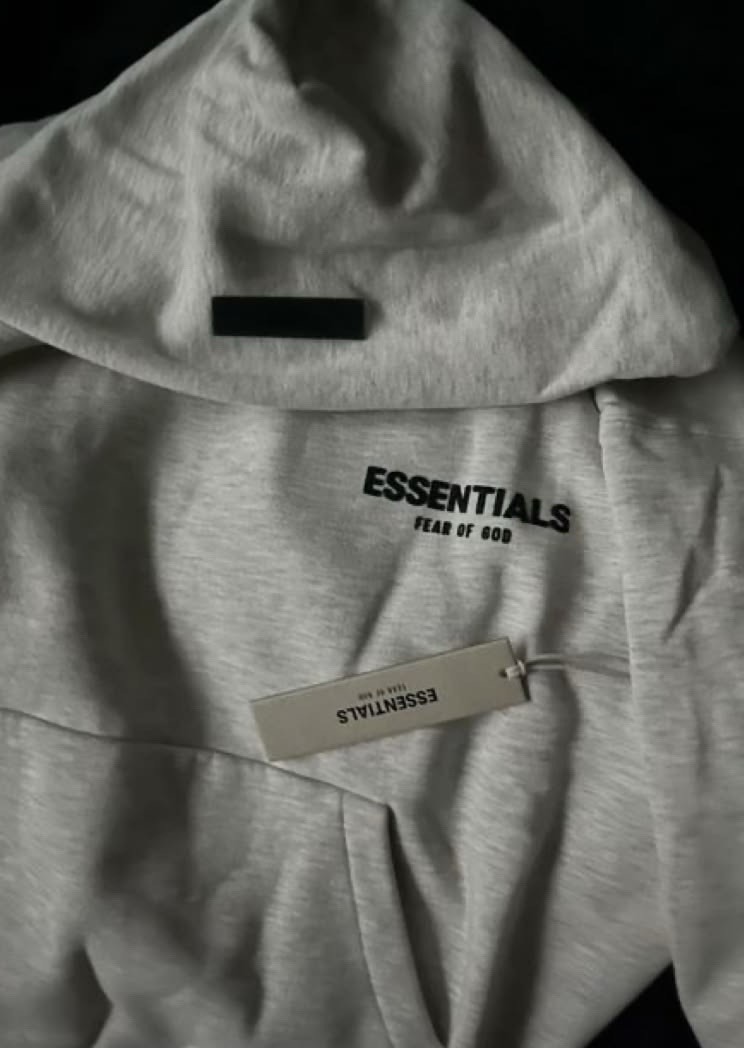 Essentials Fear of God Gray Logo Pullover Hoodie Fleece Cotton Blend L Teens