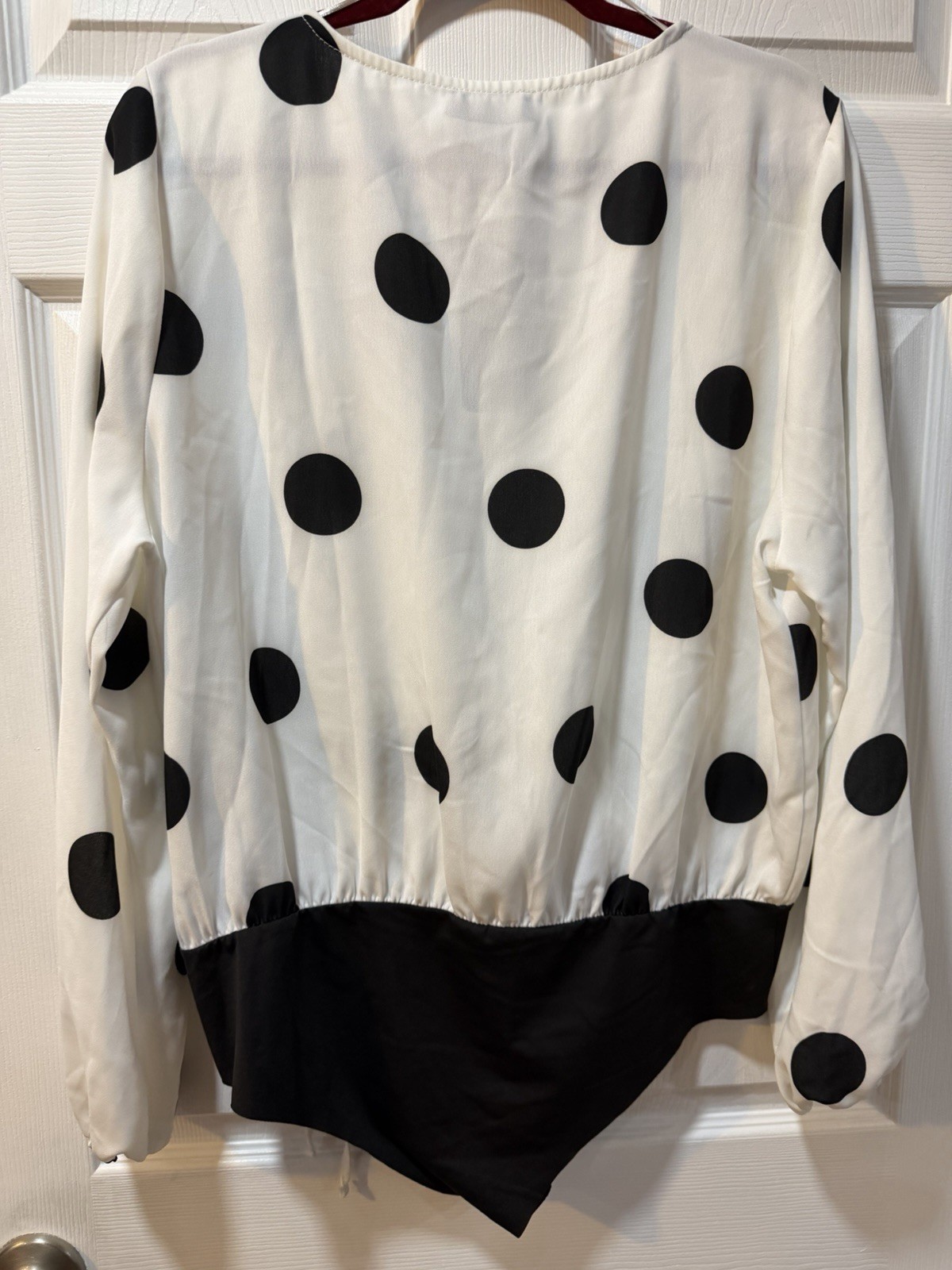 ZARA Women’s XL White/Black Polka Dot V-Neck Long Sleeve Satin Bodysuit