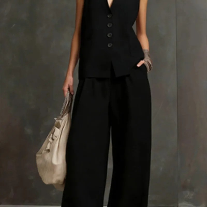 Women Solid Buttons Vest + Pocket Wide-leg Pants Suit Women Casual Two Piece Set