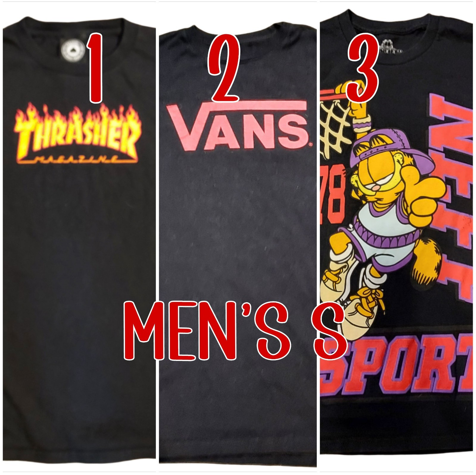 Lot of 3 Men’s Small Skate T-Shirts Thrasher Flame VANS NEFF Garfield Bundle S