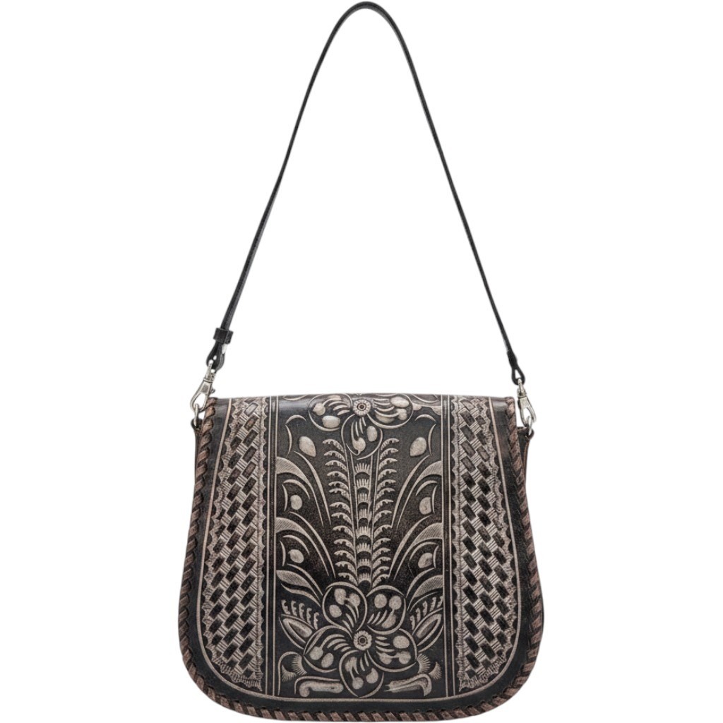 Patricia Nash Leather Crossbody Saddle Bag Embossed Silver Floral Boho Western