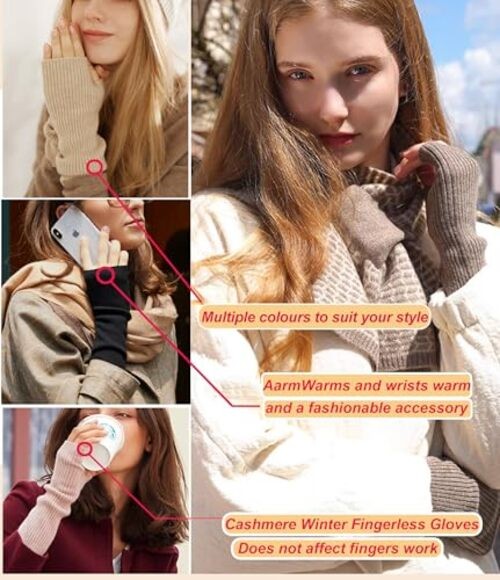 Warm Cashmere Long Arm Gloves for Women Cozy Winter Fingerless Gloves Black