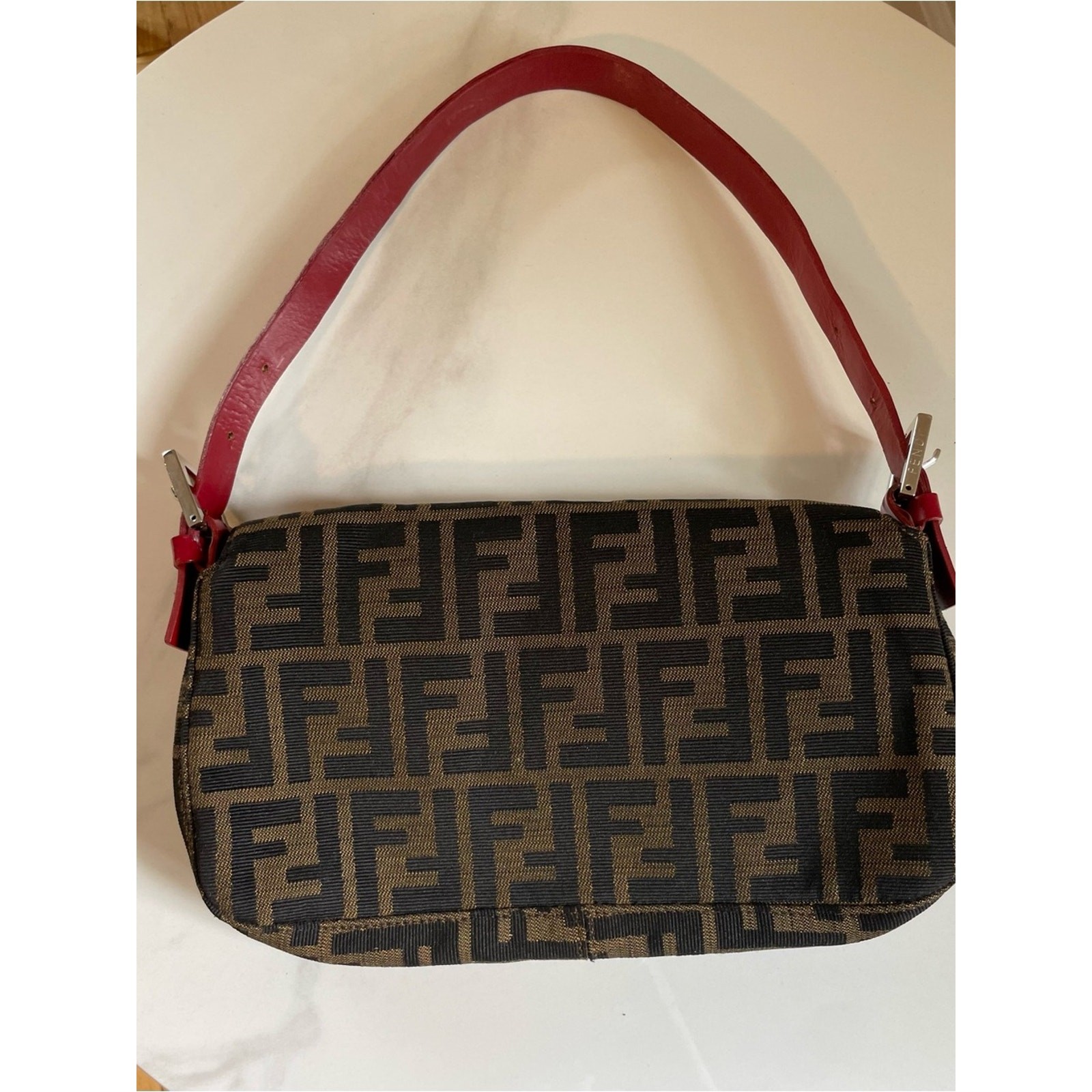 Authentic Fendi Baguette shoulder bag Zucca FF monogram canvas red leather trim