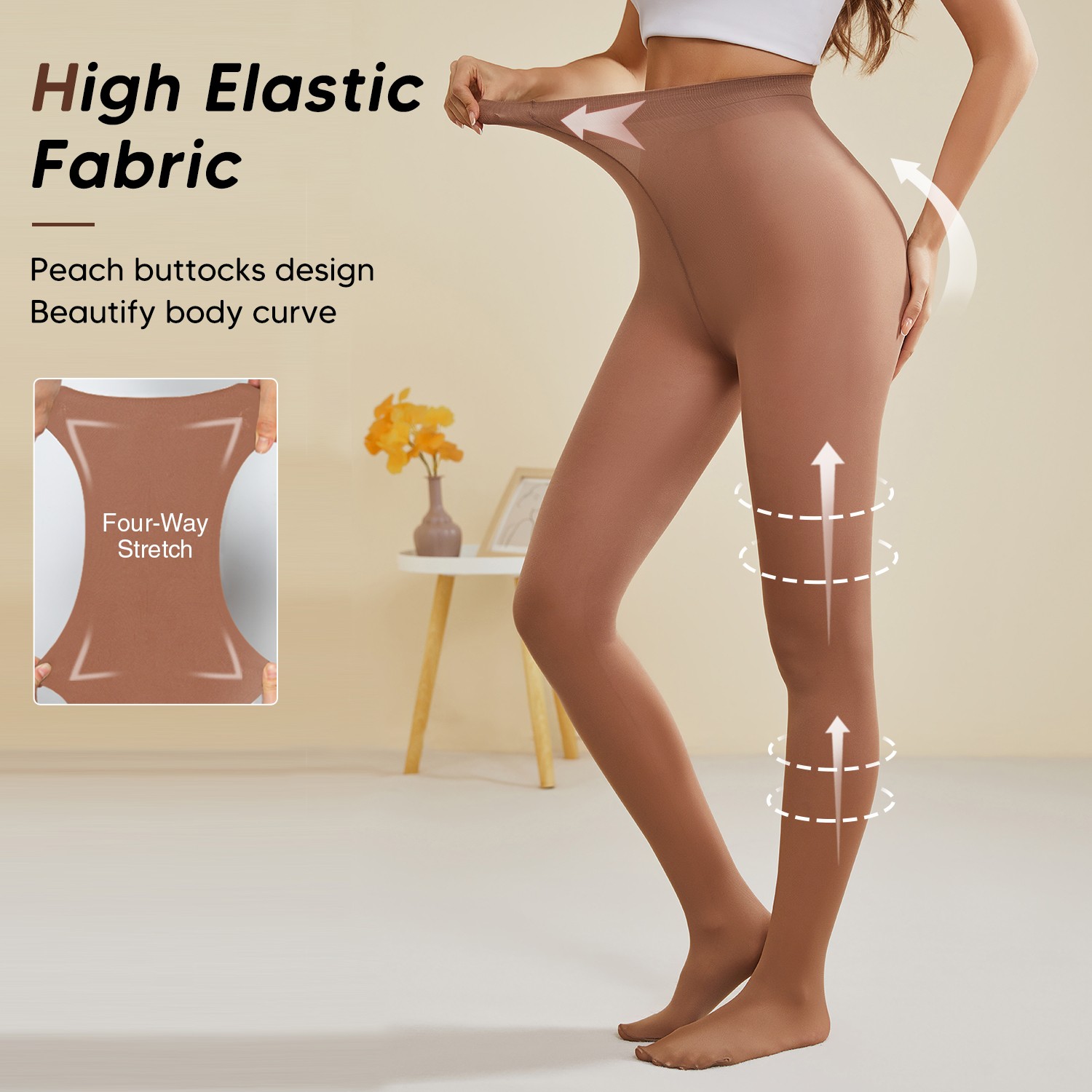 Semi Sheer Control Top Pantyhose for Women High Waist High Stretch Tights Black