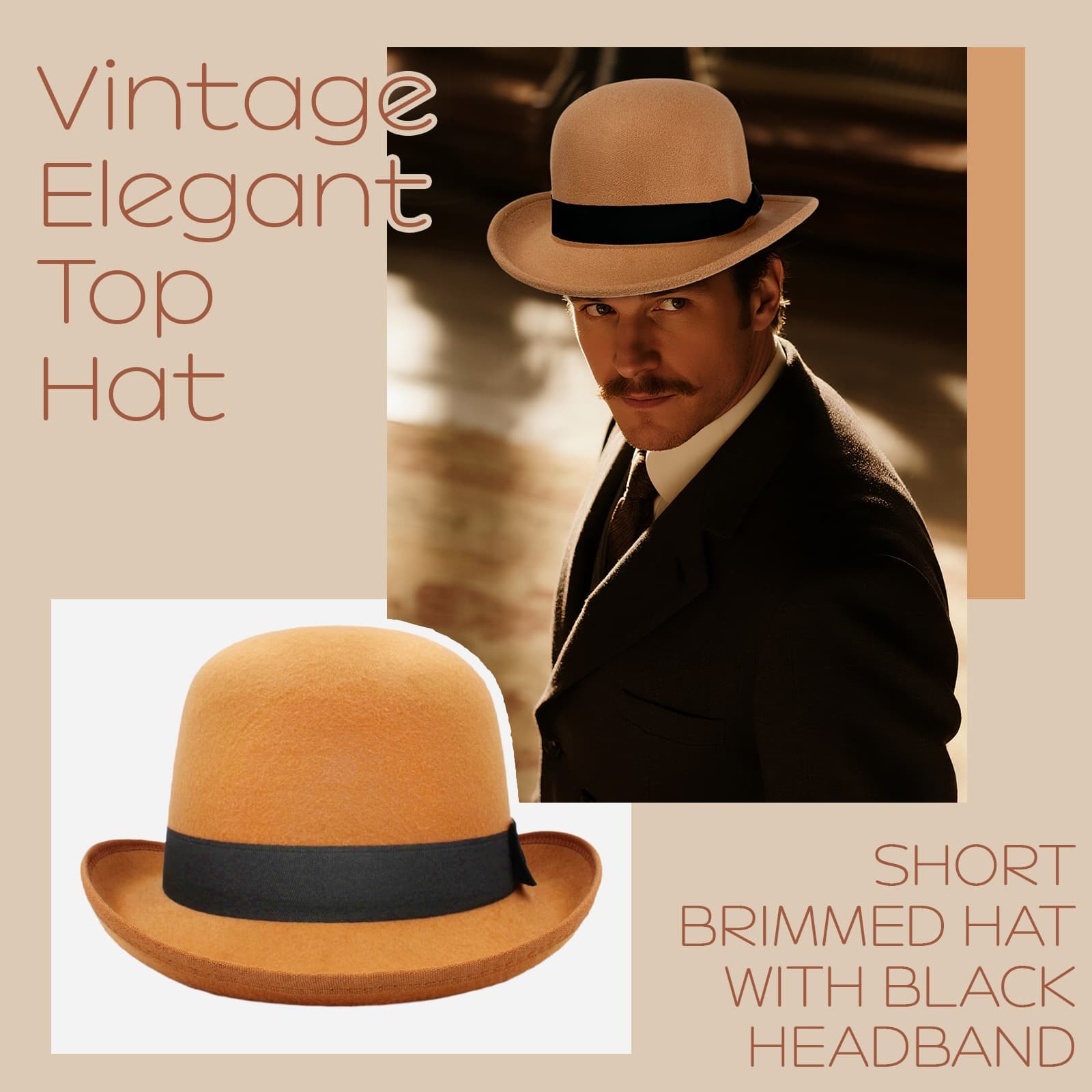 Men Retro Elegant Bowler Hat Short Brim with Hat Band for Formal Casual Wedding