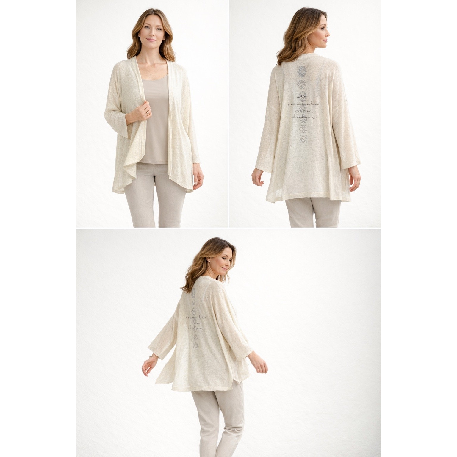 Nogah Chakras Kimono Top O/S Natural Ivory Linen Blend NEW Art to wear