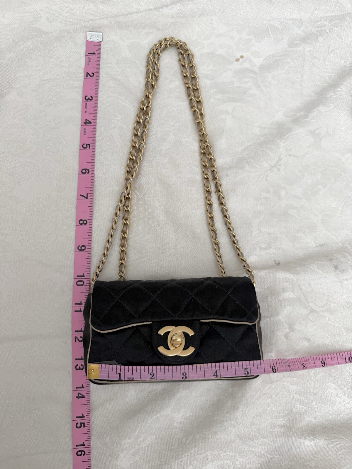 Vintage Chanel Extra Mini Satin Flap Bag Black Gold Chain Crossbody Rare