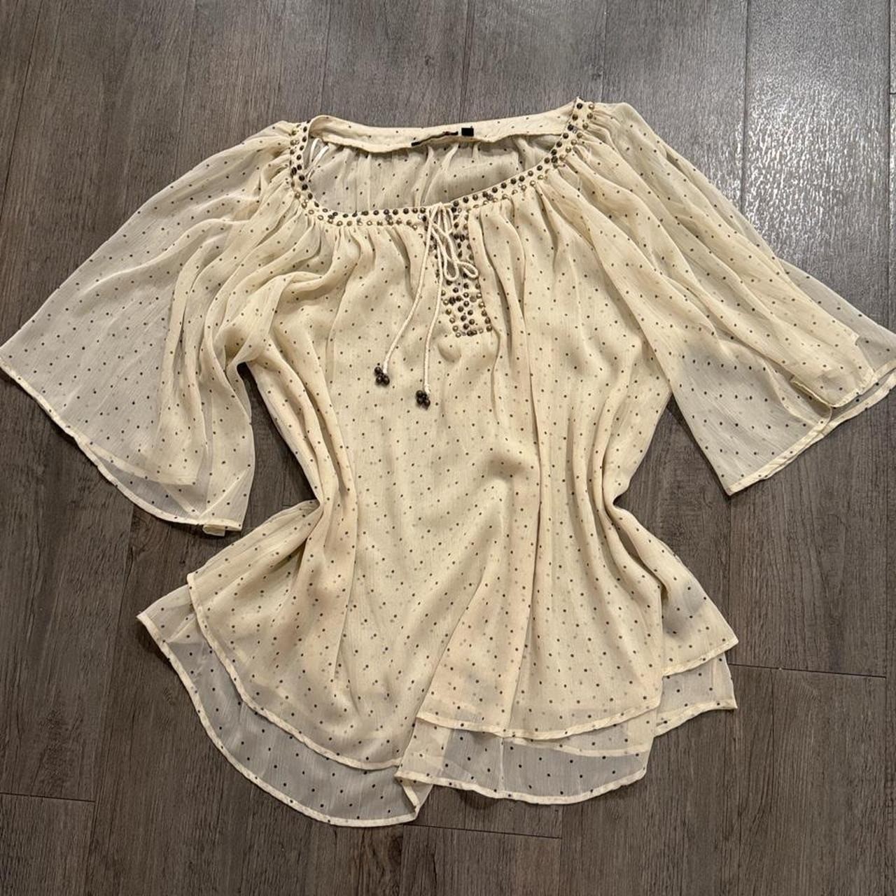 Vintage Y2K cream polka dot boho blouse black studs sequins and beading size 2xl