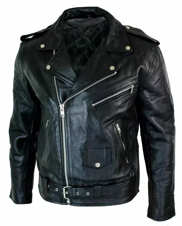 Men’s Motorcycle Leather jacket Genuine Buffalo Skin Brando Style BlackBiker New