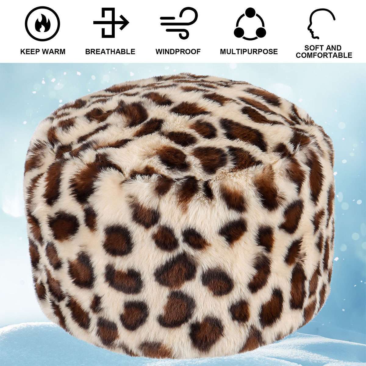 Ladies Winter Russian Faux Fur Cap Women Warm Thick Fluffy Plush Flat Top Hat US