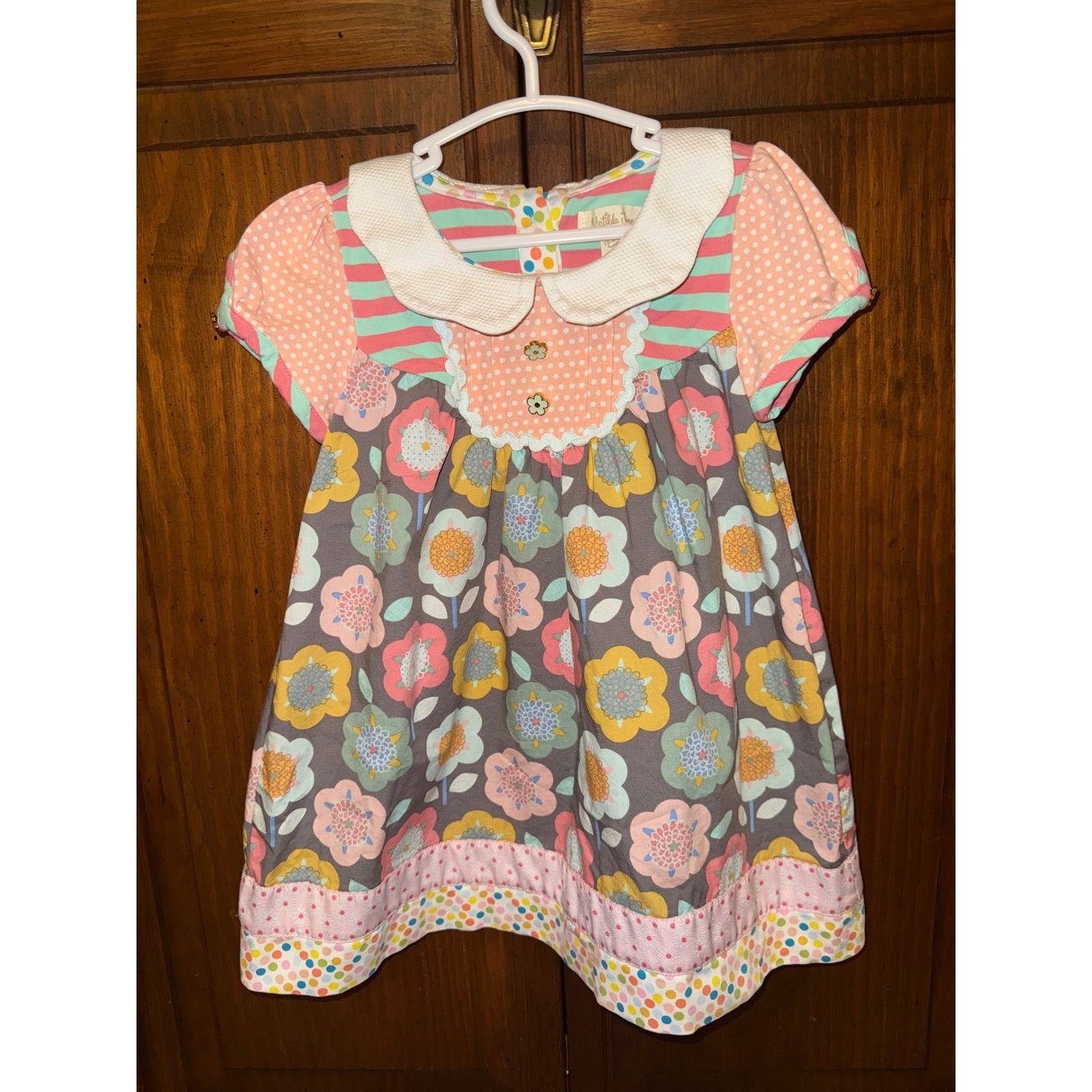 Matilda Jane Girls Mixed Floral Polka Dot Stripe Peter Pan Collar Dress 18-24M