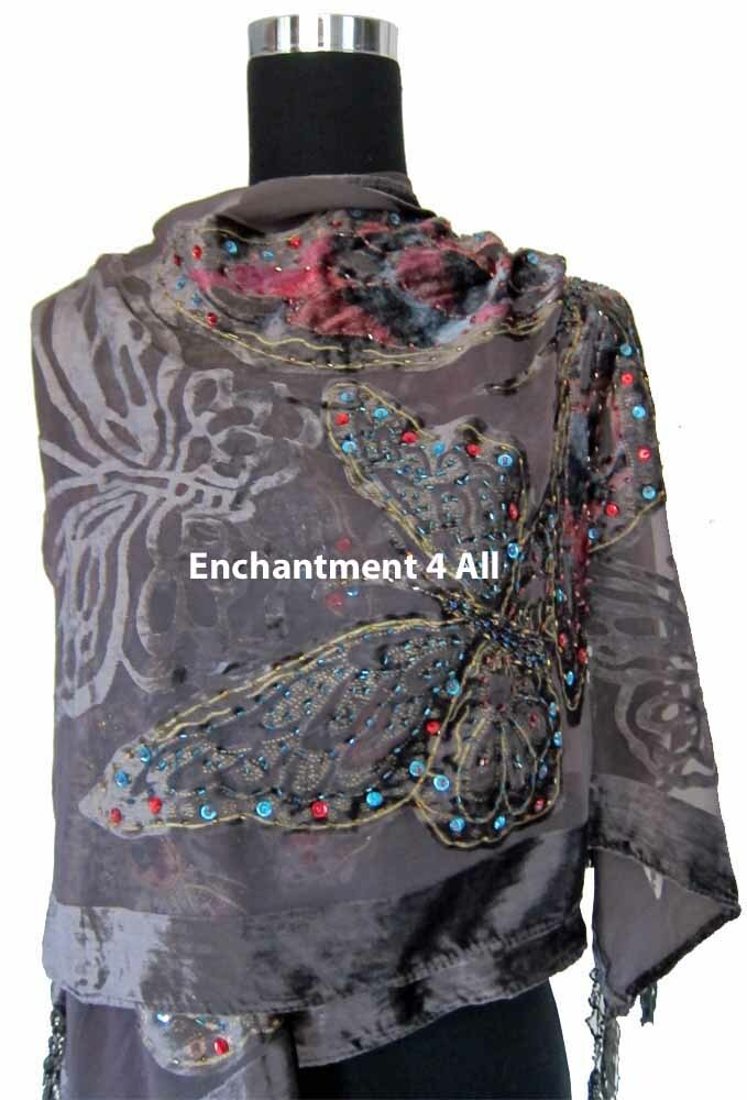 Handmade Beaded Butterfly 100% Silk Velvet Scarf Shawl, Gray