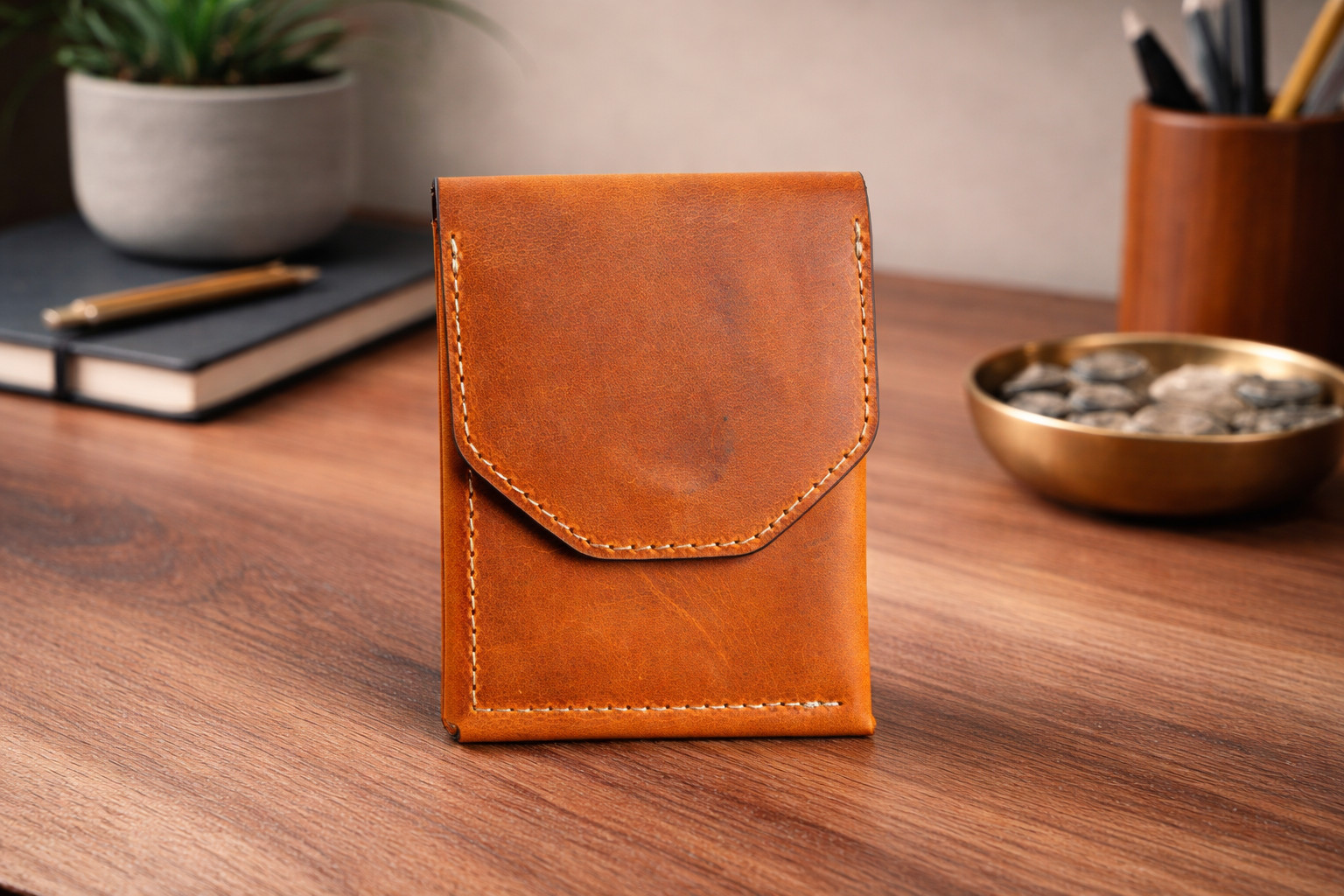 Leather Cash Wallet for Men, Slim Front Pocket Card Holder, Handmade Minimalist