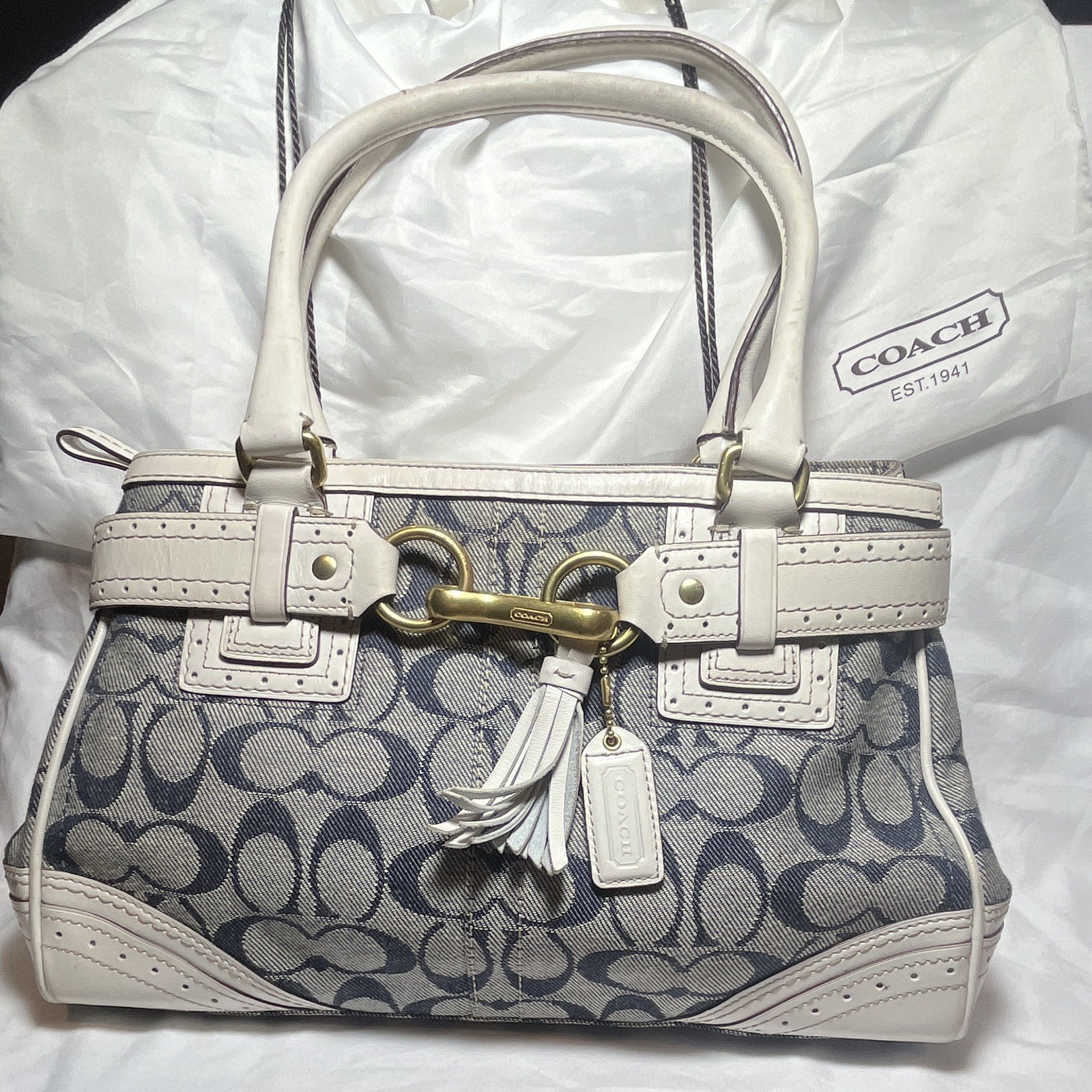 Coach Signature Logo Satchel Shoulder Bag, Blue/White, Tassel Charm, Zip