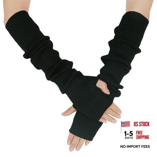 Warm Cashmere Long Arm Gloves for Women Cozy Winter Fingerless Gloves Black