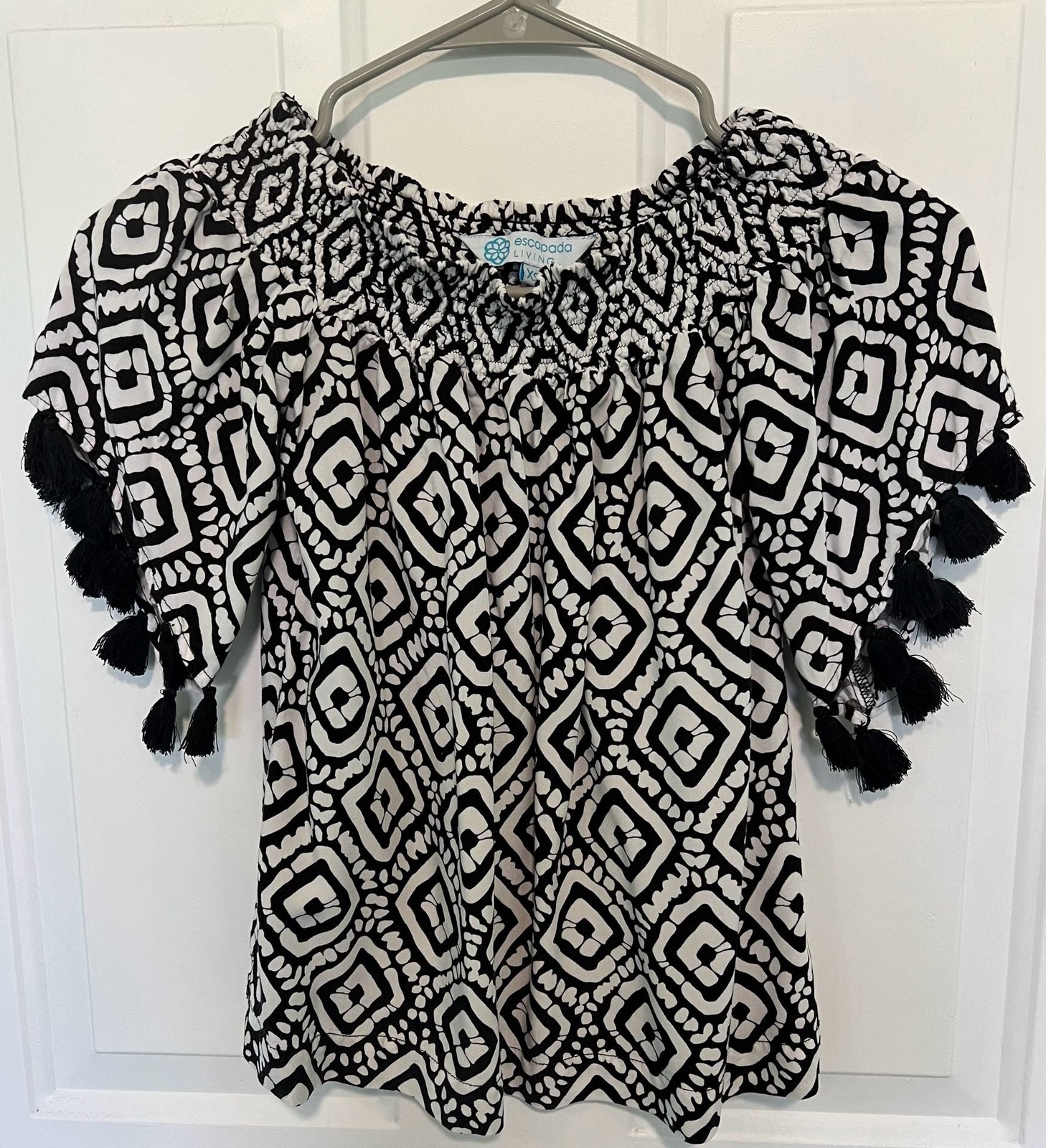 Escapada Living Smocked Geo Print Tassel Sleeve Blouse