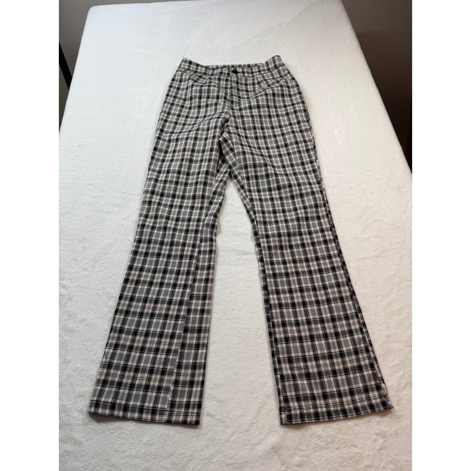 SHEIN Plaid Trousers Womens XS Black White Good High Waisted Flare Checkered