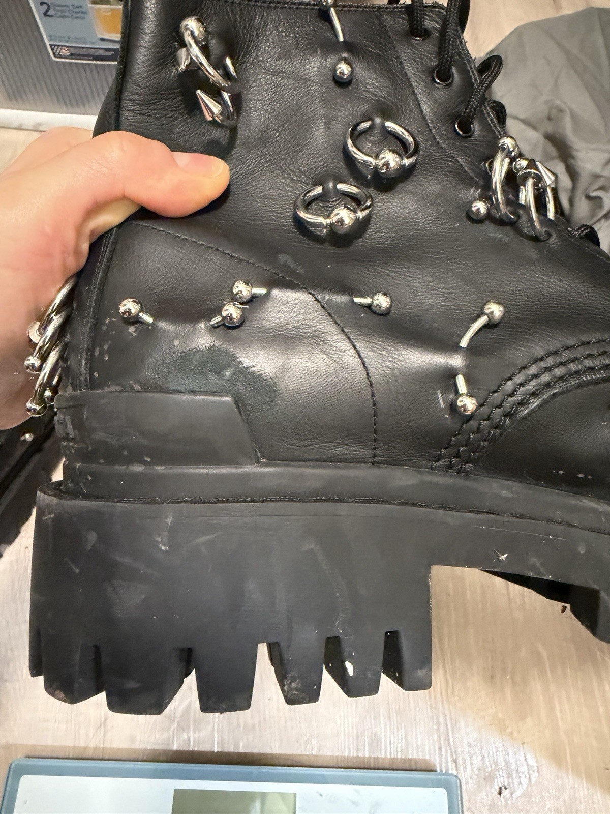 Balenciaga Men’s Black Leather Studded Strike Combat Ankle Boots Lace Up 12