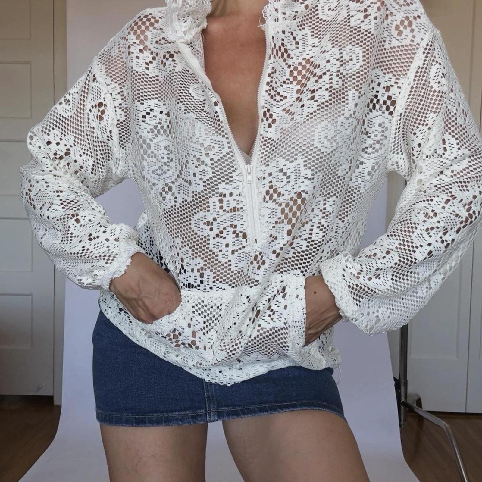 White crochet Hoodie Top