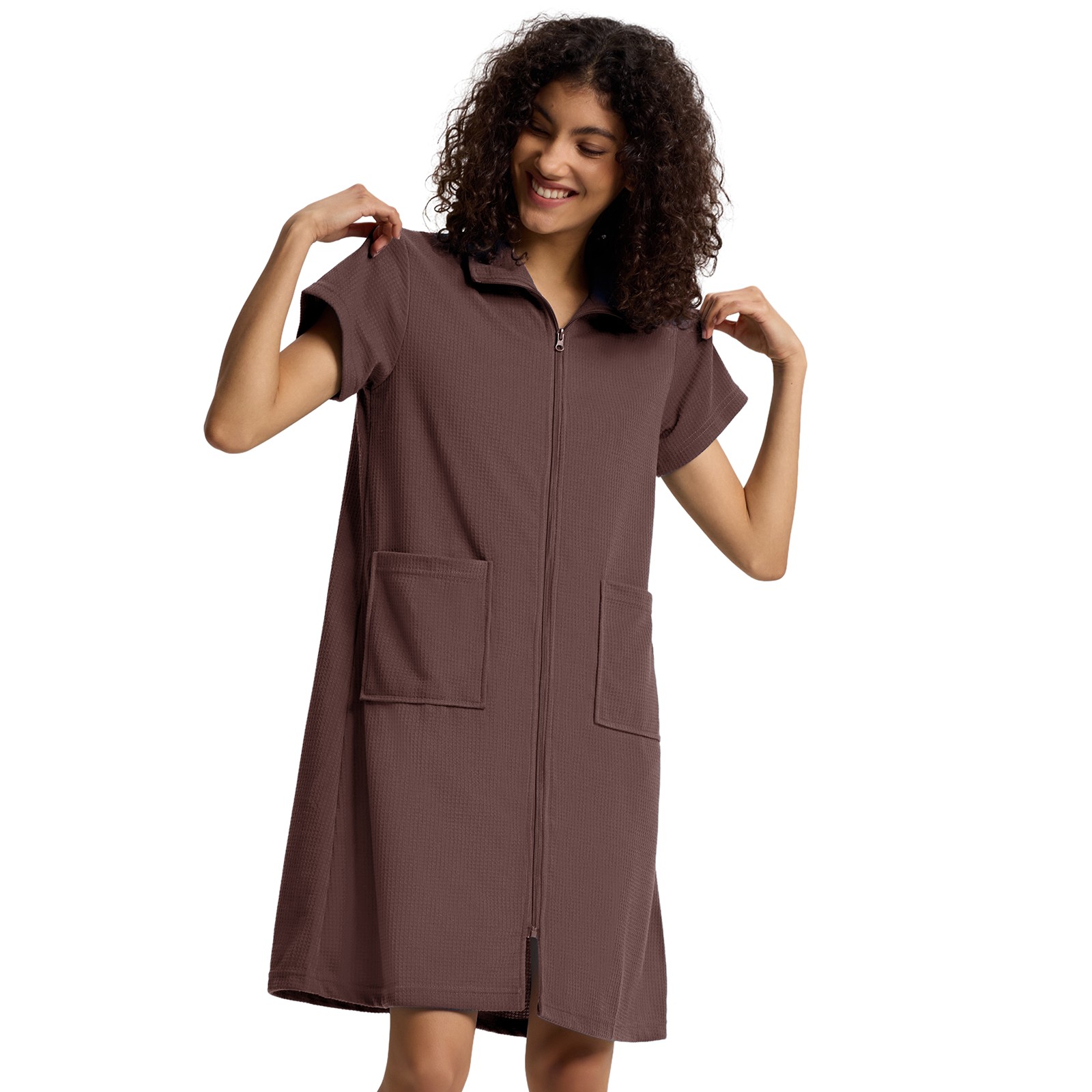 SIORO Women Zip-Front Robes Short Sleeve Bathrobes Waffle House Coat Loungewear