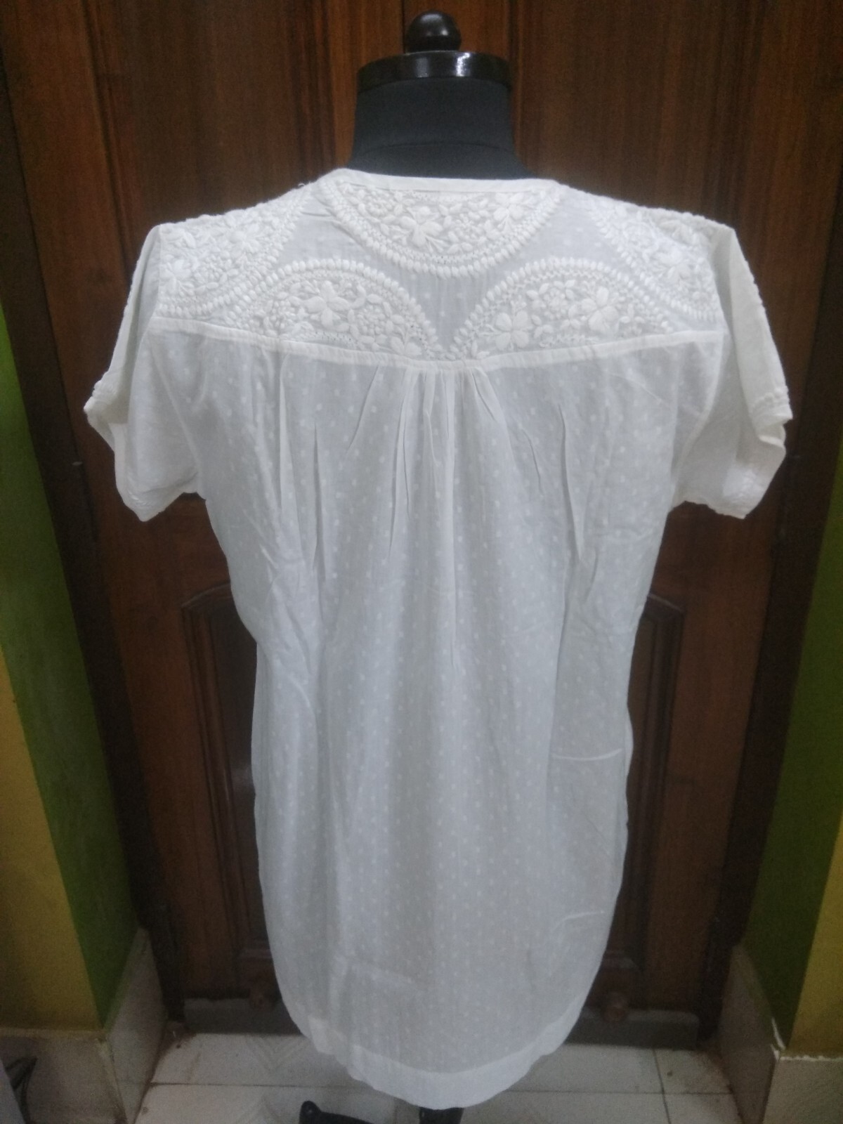 100% COTTON DOTED FABRIC XL 44 HANDMADE ETHNIC TOP KURTA KURTI CHIKAN EMBROIDERY
