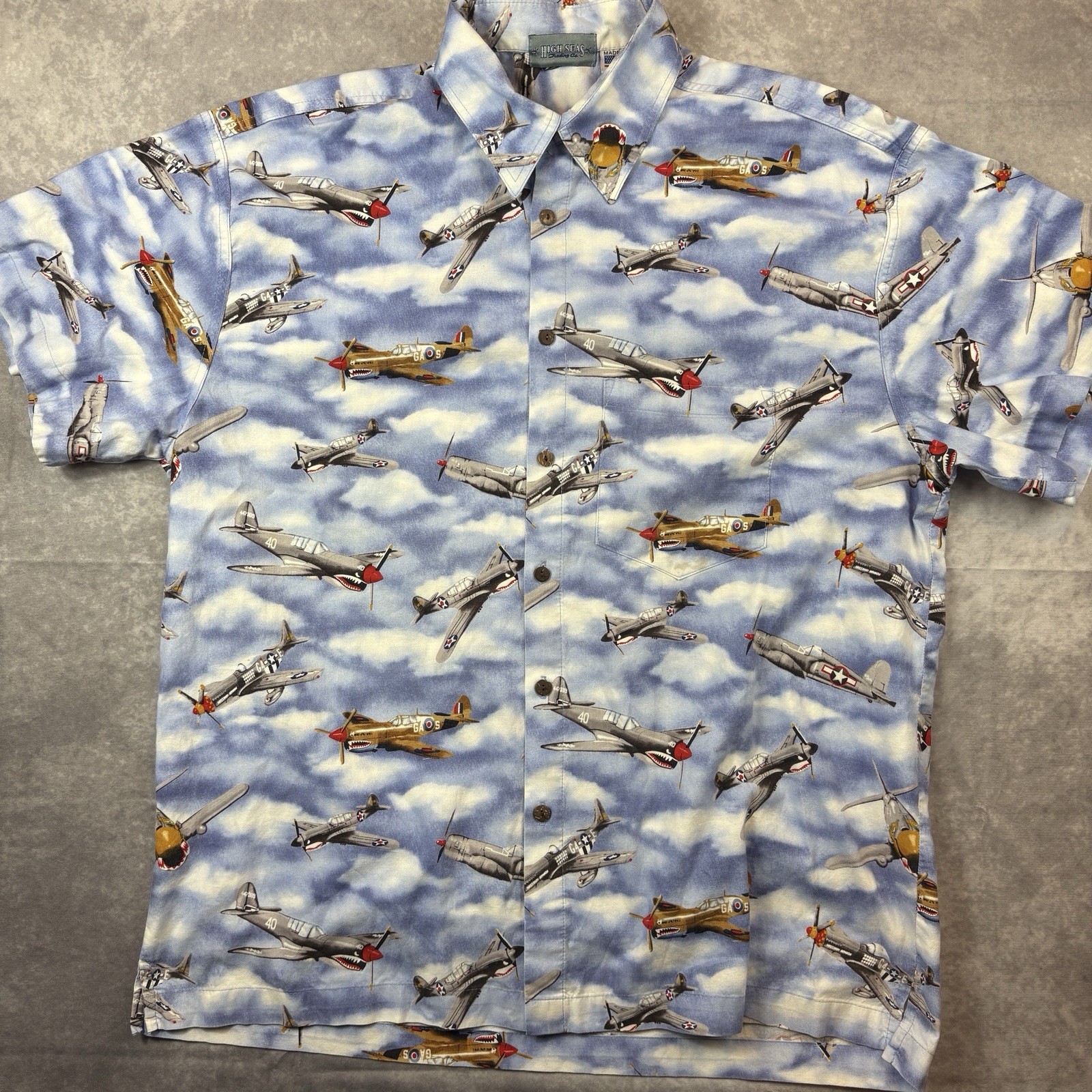 High Seas Trading Co Button Up Shirt Mens XL Blue Fighter Planes World War USA