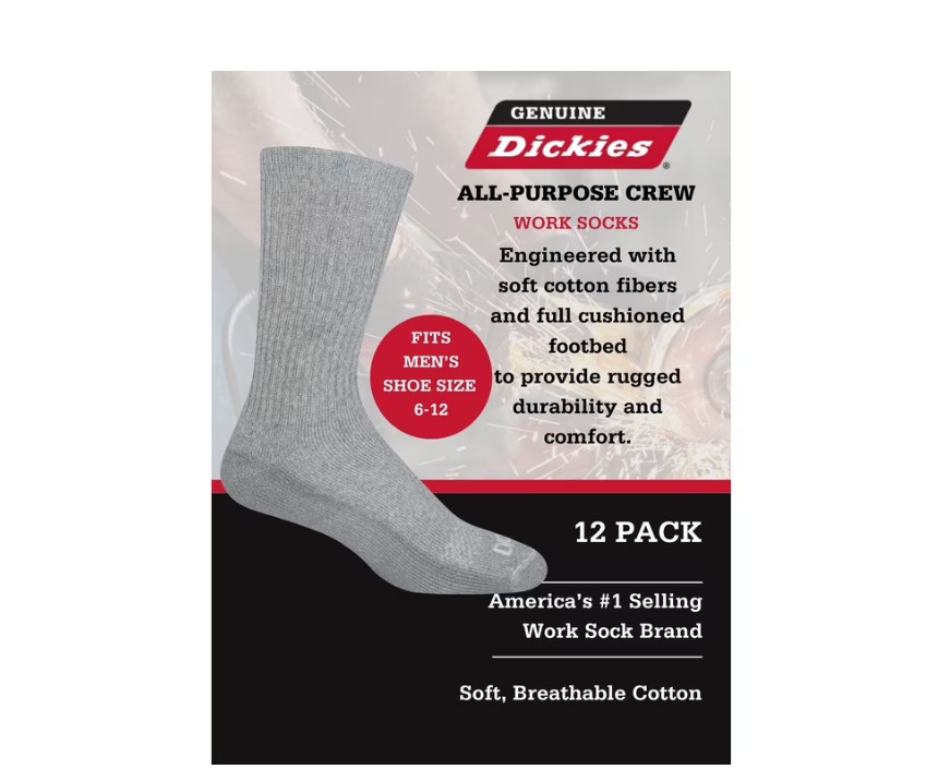 Genuine Dickies Men’s Value Work Crew Sock, 12 Pack Lt Grey Size 6-12