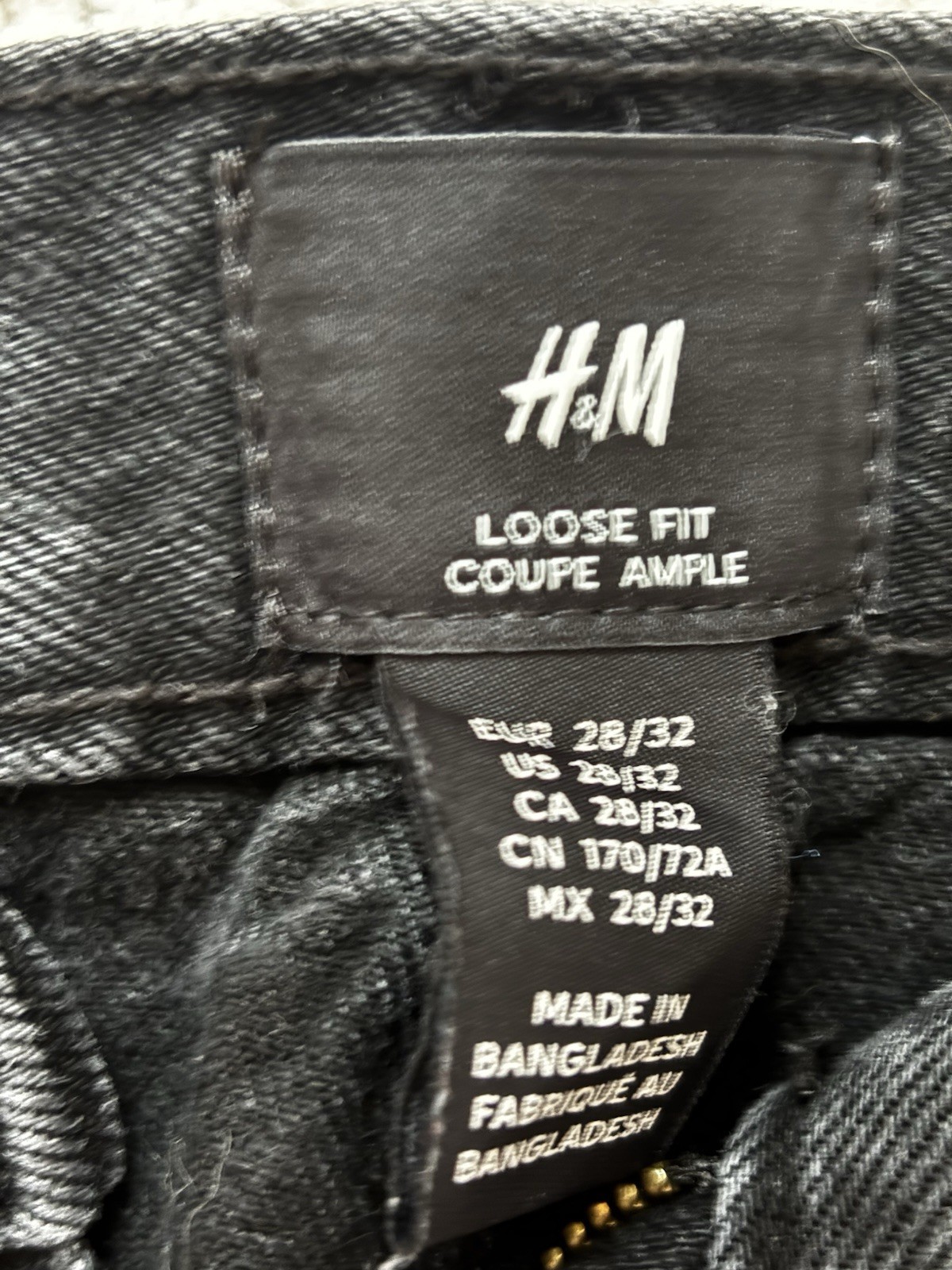 H&M Loose Fit Black Cotton Denim Jeans Dark Wash 5-Pocket Zip Button