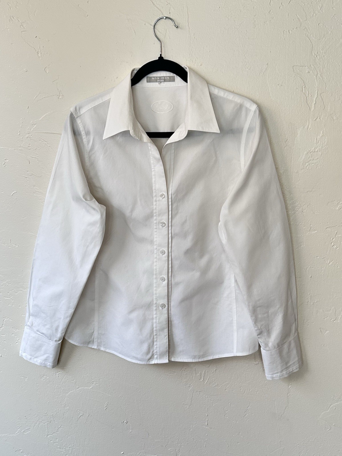 Foxcroft White Blouse/Top Cotton Blend Long Sleeves Fitted Buttons