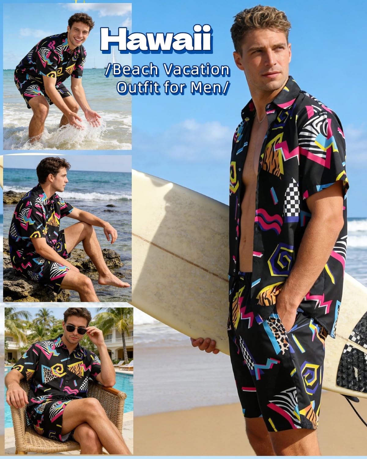 80s 90s Outfit For Men Retro Hawaiian Shirts Short Set Tracksuit Costume Visor
