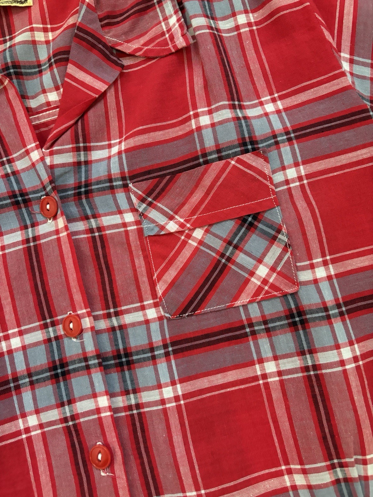 Vintage 40s 50s Bermuda Womens Plaid Open Collar Shirt Loop Collar Size 40