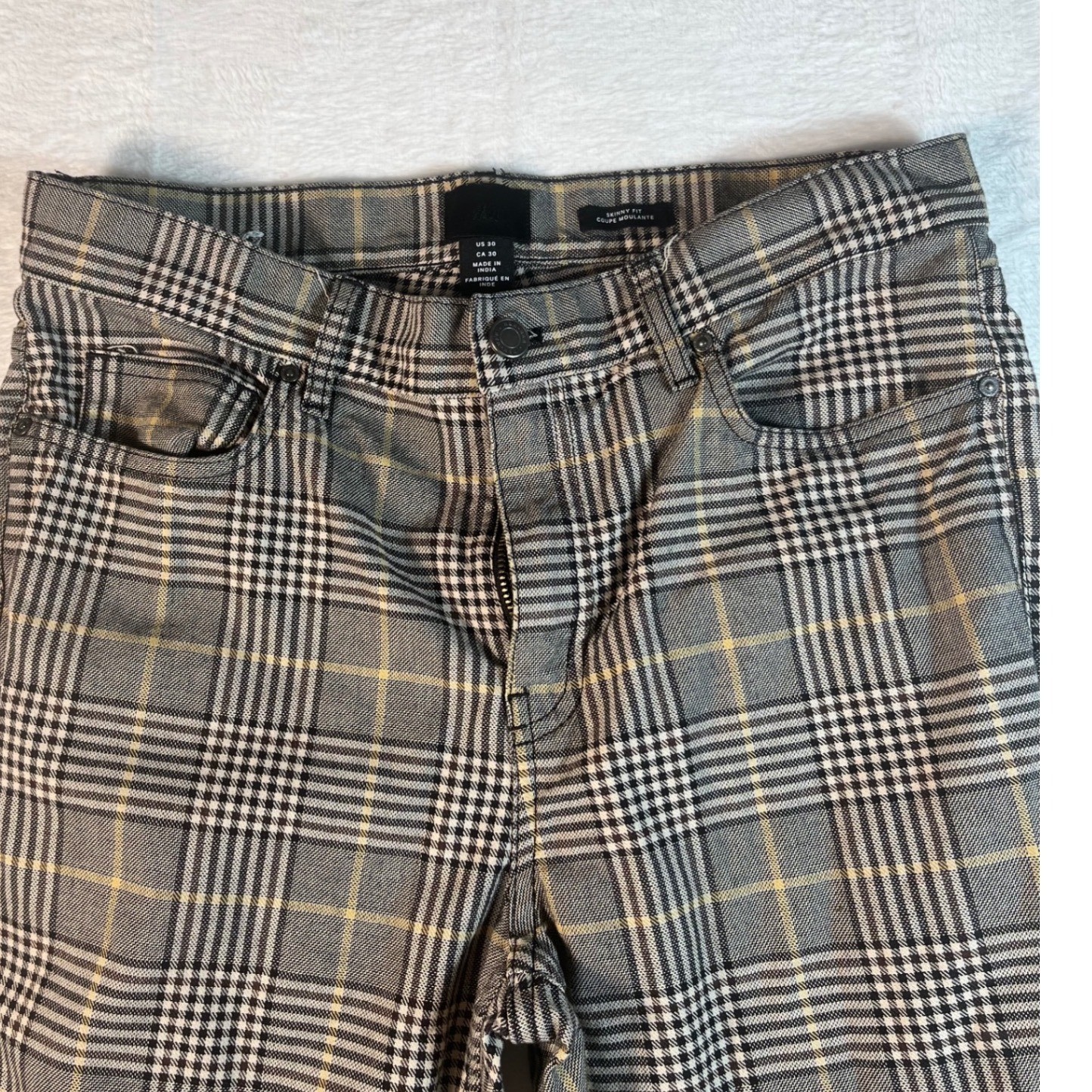 H&M Plaid Skinny Fit Pants Women US 30 Black Grey Yellow Checkered Preppy
