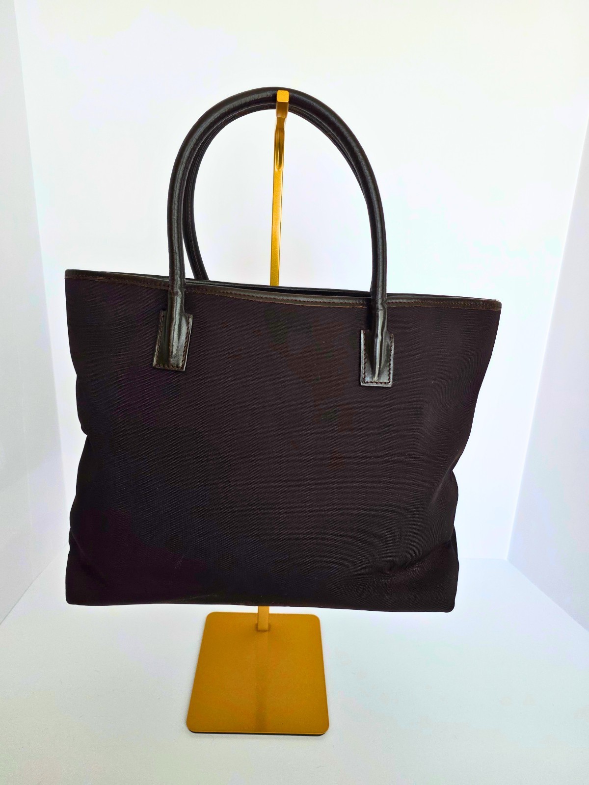 GUCCI Brown Nylon Leather Trim Tote Bag Logo Vintage 0457