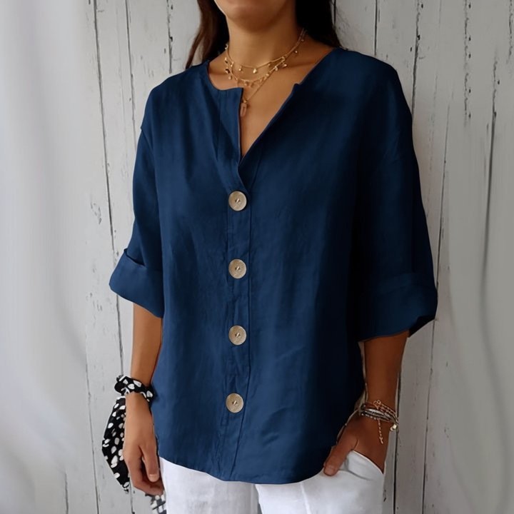 Loose-fit Women’s V-neck Cotton-Linen Button T-shirt Top
